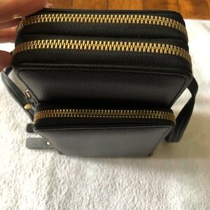 Small Black Leather Shoulder Bag With Gold Accents Multiple Compartments
